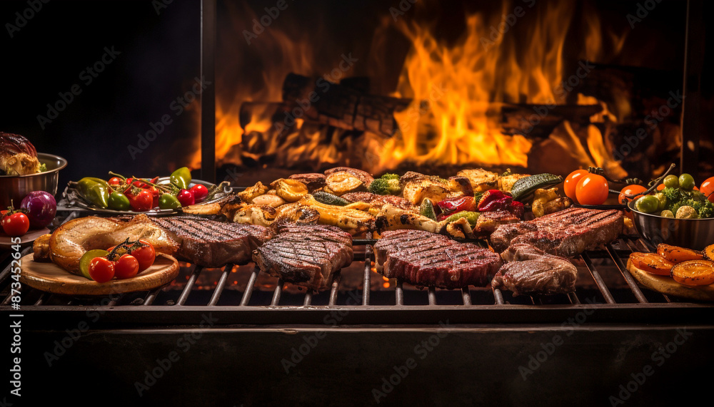 A close up of steaks cooking on a bbq grill with blazing fire flame at a Summer Barbecue A close up of steaks cooking on a bbq grill with blazing fire flame at a Summer Barbecue
