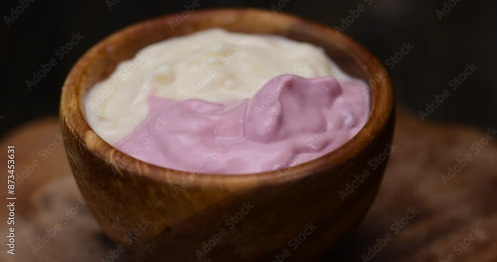 vanilla and raspberry flavored yogurt in a wooden bowl, fresh milk yogurt with different flavors vanilla and raspberry flavored yogurt in a wooden bowl, fresh milk yogurt with different flavors