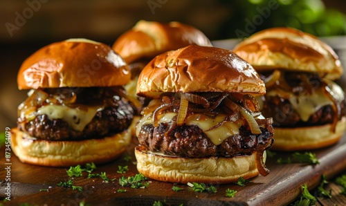 gourmet beef sliders with cheese and caramelized onions photo