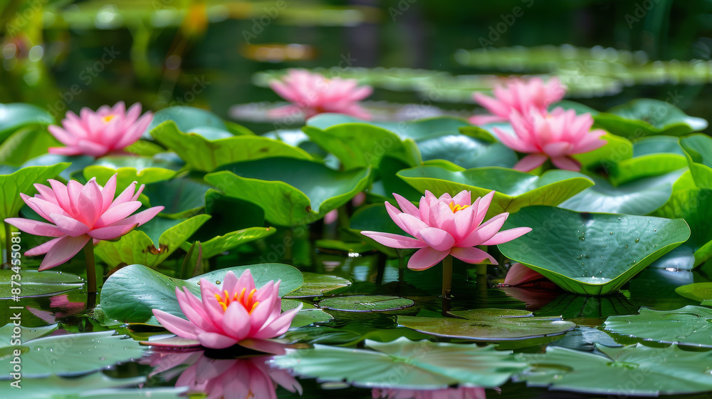 Pink lotus on green leaves makes a beautiful photo for a card, decoration, or illustration. Pink lotus on green leaves makes a beautiful photo for a card, decoration, or illustration.