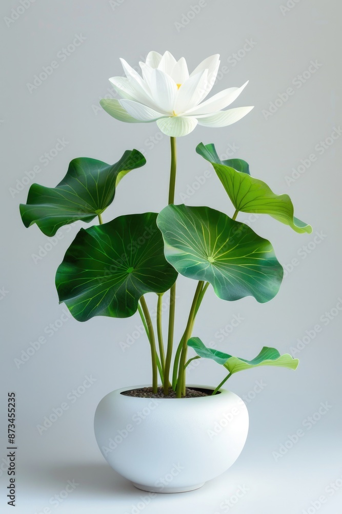 A white flower in a white vase. The flower is a lotus and is the main focus of the image A white flower in a white vase. The flower is a lotus and is the main focus of the image