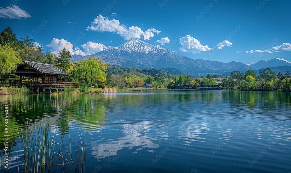 Fototapeta premium A beautiful lake with a mountain in the background