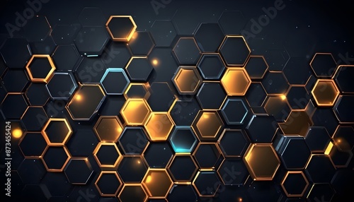 Abstract technology background with hexagons and matellic lights of boxes photo