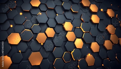 Abstract technology background with hexagons and matellic lights of boxes photo