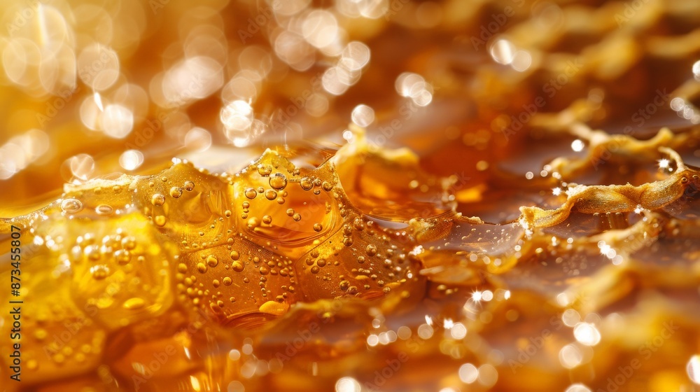 Glowing Honeycomb Close-Up with Honey Drops Glowing Honeycomb Close-Up with Honey Drops