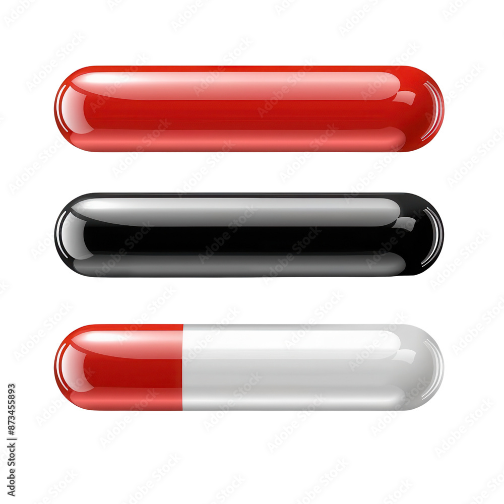 Shiny, multi-colored gel capsules isolated on a white background. Red, black, and two-tone pills lined up horizontally. Shiny, multi-colored gel capsules isolated on a white background. Red, black, and two-tone pills lined up horizontally.