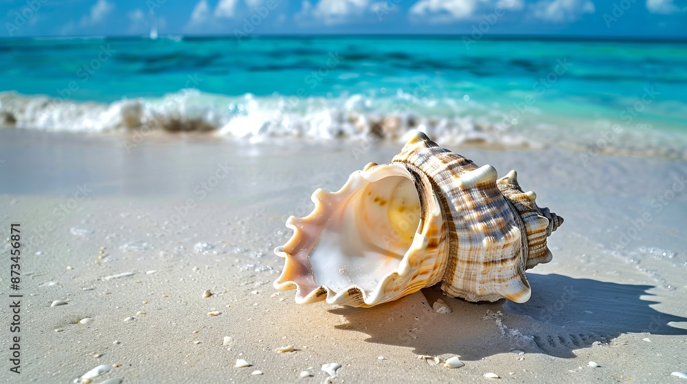 Beautiful seashell rests on a pristine sandy beach. Crystal clear turquoise ocean waves gently roll in the background. Ideal for travel promotions, nature blogs, and relaxation themes. AI Beautiful seashell rests on a pristine sandy beach. Crystal clear turquoise ocean waves gently roll in the background. Ideal for travel promotions, nature blogs, and relaxation themes. AI