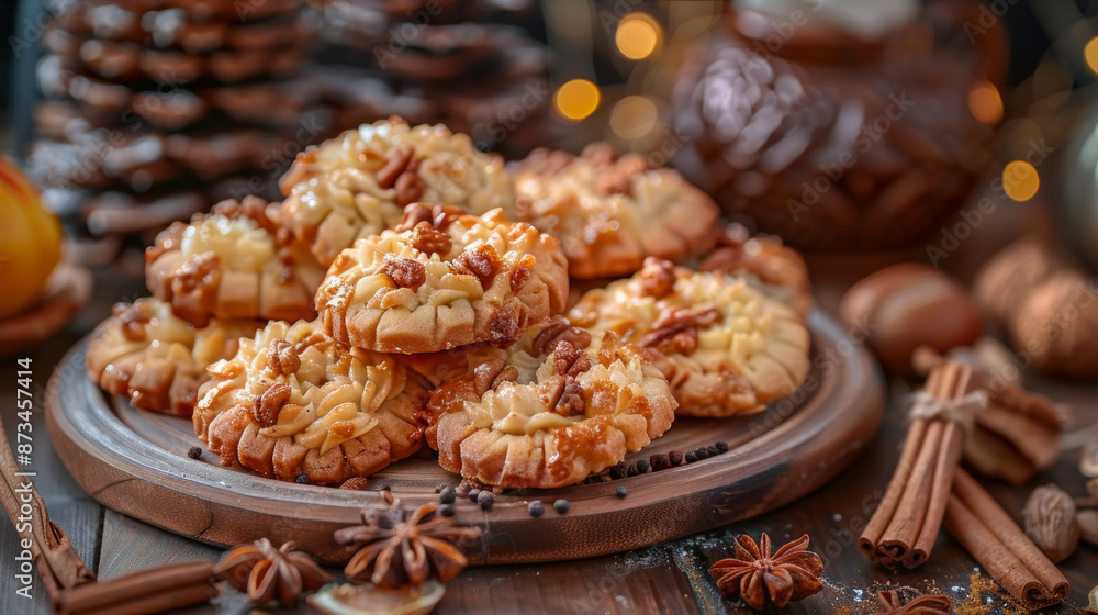 Fototapeta premium The national cuisine of Turkey. Turkish cream cookies with nuts and spices.
