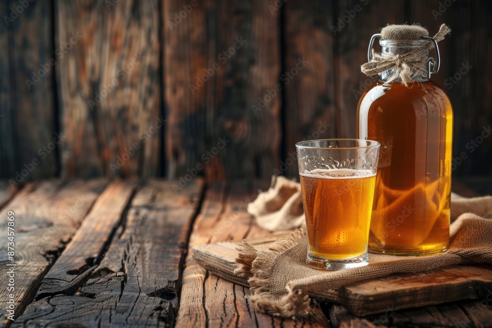 Homemade kvass in a bottle with a glass Homemade kvass in a bottle with a glass
