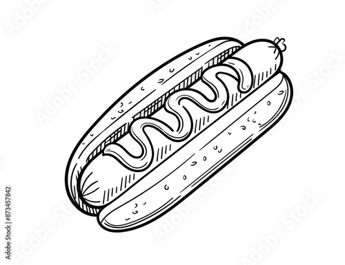 Hand drawn hot dog sketch with sausage and sauce vector illustration isolated on white background