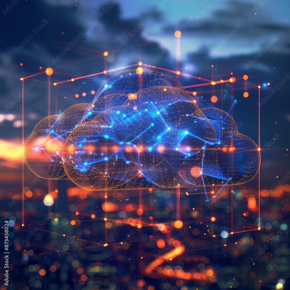 A digital glowing polygonal cloud mesh against a blurry city skyline background, symbolizing storage technology and the transfer of data to cloud computing platforms. A digital glowing polygonal cloud mesh against a blurry city skyline background, symbolizing storage technology and the transfer of data to cloud computing platforms.