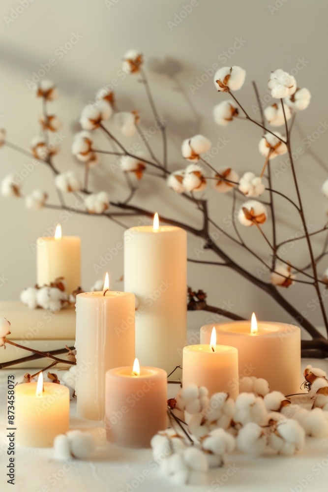 A white candle is lit next to a bunch of cotton flowers. The candles are arranged in a row, with some taller and some shorter. Scene is warm and cozy, with the candles providing a soft A white candle is lit next to a bunch of cotton flowers. The candles are arranged in a row, with some taller and some shorter. Scene is warm and cozy, with the candles providing a soft