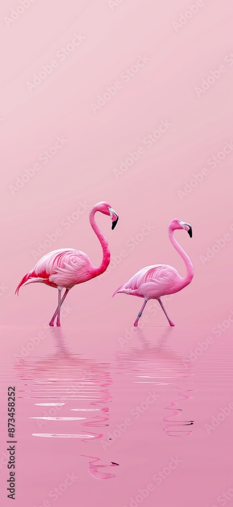 Fototapeta premium A pair of flamingos standing on a pink backdrop with their reflections visible, highlighting a serene and romantic moment.