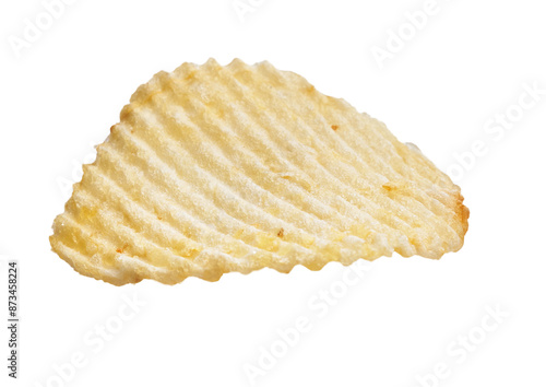 A single, ridged potato chip isolated on a white background, highlighting the texture and ready for snacking.