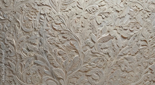 Intricate floral stone carving, ornate bas-relief wall texture with botanical motifs, vintage beige sandstone relief pattern for architectural design