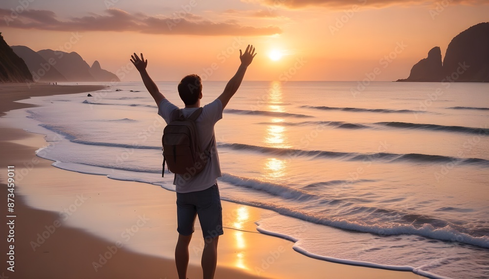 Fototapeta premium A traveling man raising up his arms in sunset at beach