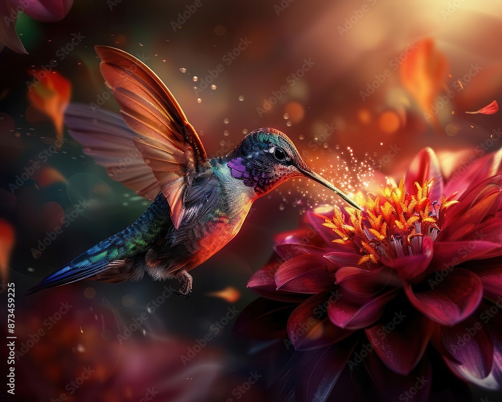 Hummingbird feeding on a vibrant red flower Hummingbird feeding on a vibrant red flower