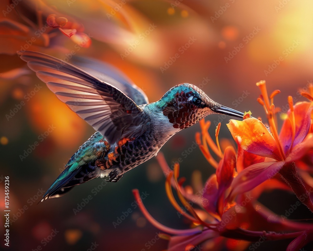 Hummingbird feeding on a vibrant red flower Hummingbird feeding on a vibrant red flower