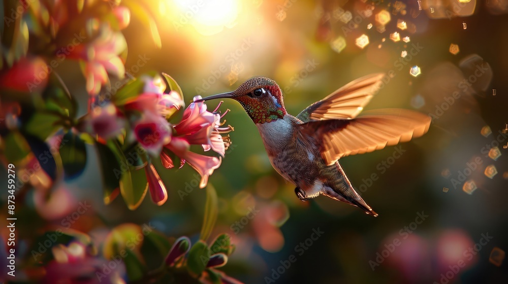 Naklejka premium Hummingbird hovering near a blooming flower, soft sunlight, high detail, high resolution, intricate floral details, vivid and dynamic scene, gentle and peaceful setting