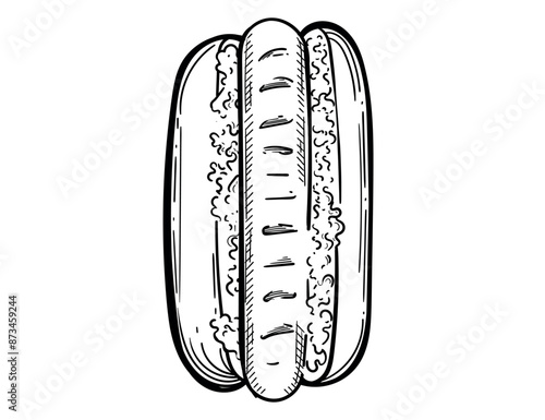 Hand drawn hot dog sketch with sausage and sauce vector illustration isolated on white background