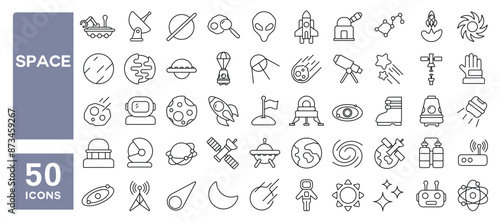 Set of 50 line icons related to space, astronomy, satellite, telescope, astronaut, rocket, planet, Editable stroke. Vector illustration