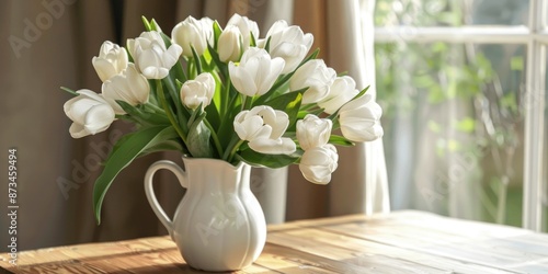A white vase filled with white flowers sits on a wooden table. The flowers are arranged in a way that they are all facing the same direction, creating a sense of harmony and balance
