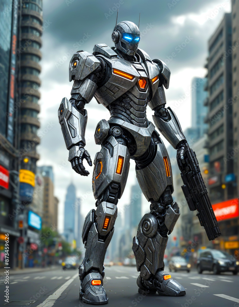Advanced robotic guardian patrolling the futuristic city streets - Generaive AI Advanced robotic guardian patrolling the futuristic city streets - Generaive AI