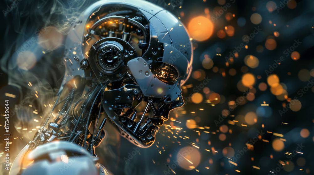 A broken mini robot with sparks is seen in this image. This cyborg's technology is futuristic and intelligent. A broken mini robot with sparks is seen in this image. This cyborg's technology is futuristic and intelligent.