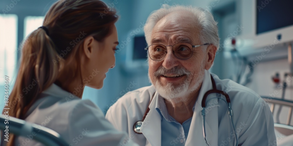 A woman and a man are talking in a hospital room. Scene is friendly and caring A woman and a man are talking in a hospital room. Scene is friendly and caring
