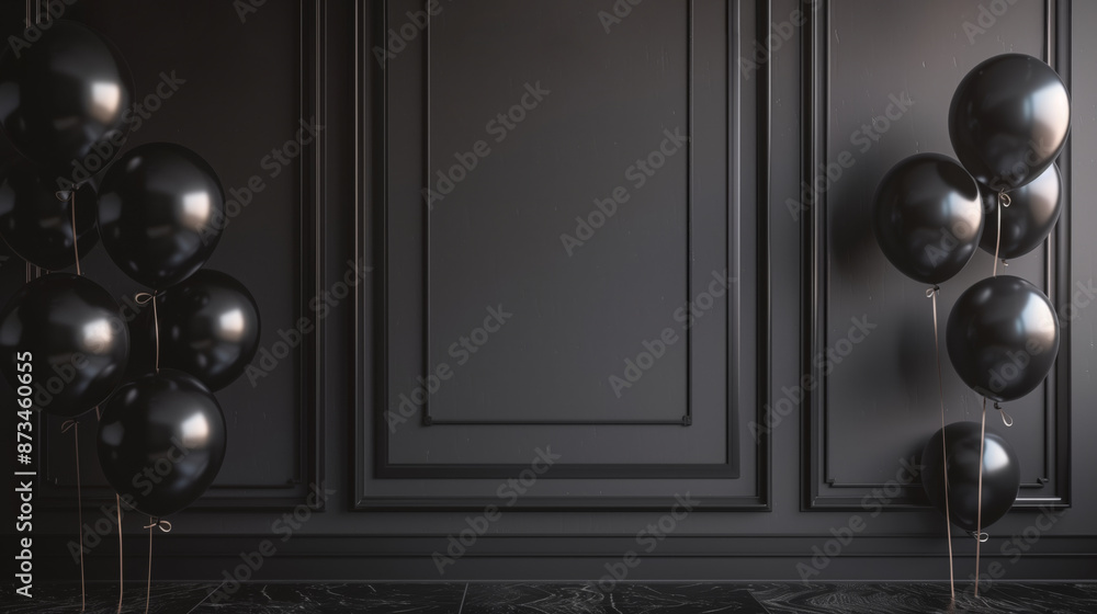 Naklejka premium Birthday. Black Friday sale. Stylish black Background with black balloons. Holiday banner, web poster, flyer, cover card, Festive celebrate backdrop balloons, with copy space 