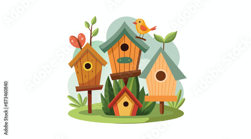 Group of charming birdhouses with birds and greenery.