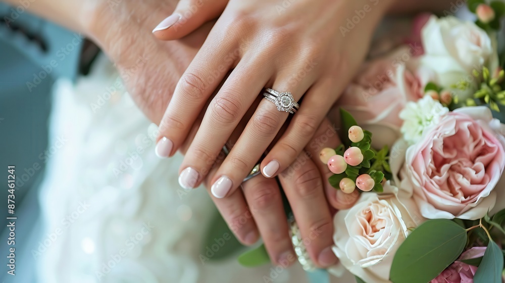 Closeup of the bride and grooms hands with wedding rings, soft focus on a floral background, symbolizing unity and eternal love Closeup of the bride and grooms hands with wedding rings, soft focus on a floral background, symbolizing unity and eternal love