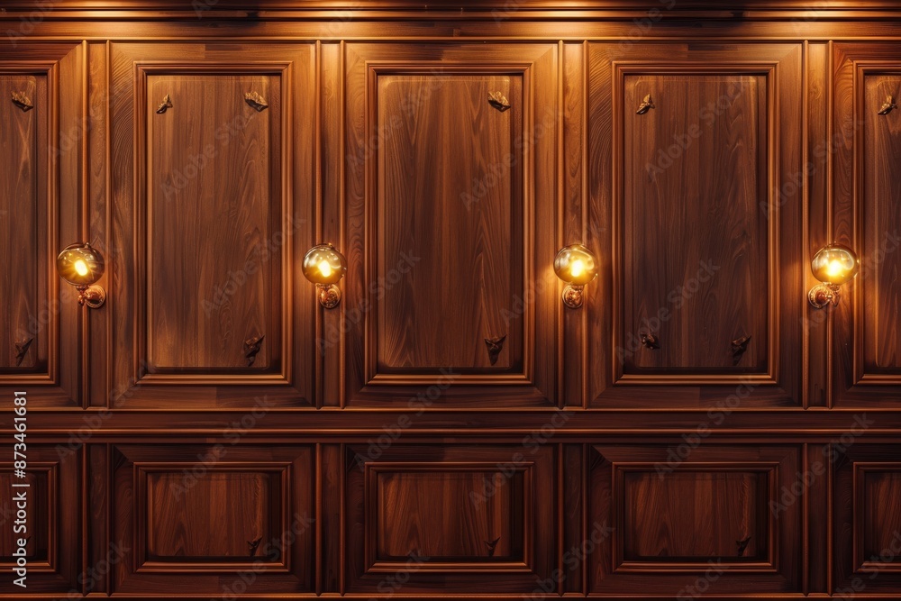 Wooden door with lamps in the interior of the room. Wooden door with lamps in the interior of the room.