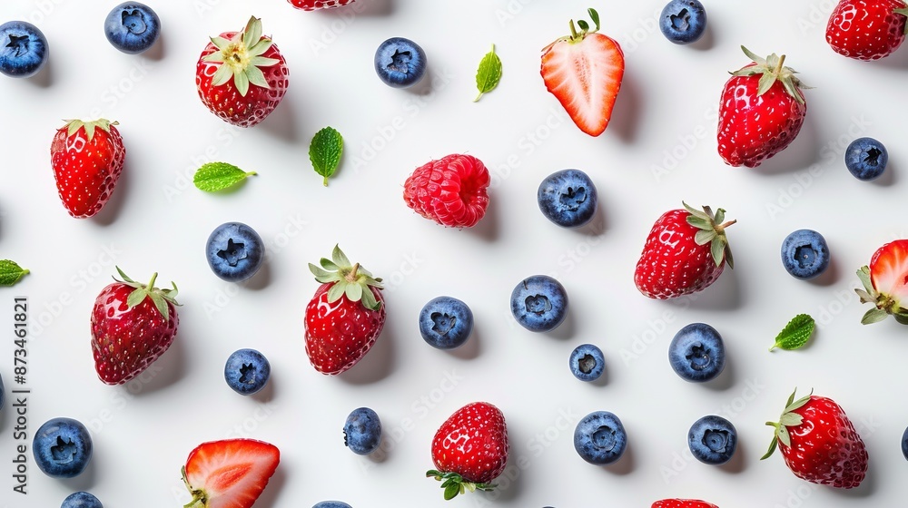 Modern flat lay style photo of fresh berries. Enjoy strawberries and blueberries on a white background. Perfect for healthy living content, food blogs, and nutrition articles. AI Modern flat lay style photo of fresh berries. Enjoy strawberries and blueberries on a white background. Perfect for healthy living content, food blogs, and nutrition articles. AI