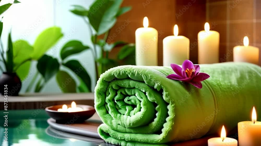 Towel, scented candles, spa treatments. Rest, relaxation Towel, scented candles, spa treatments. Rest, relaxation