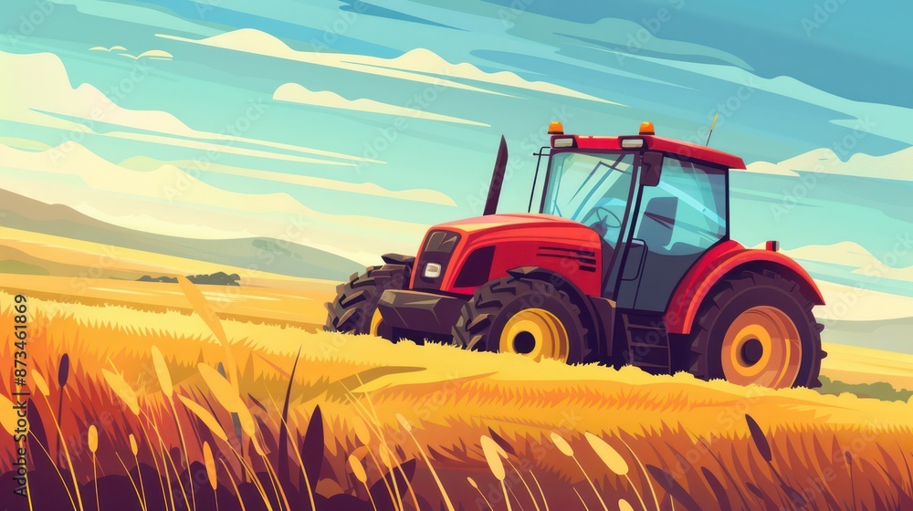 Red tractor plowing through golden field under a bright blue sky. Red tractor plowing through golden field under a bright blue sky.
