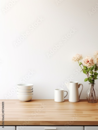 A wooden table with a vase of flowers and a white coffee pot