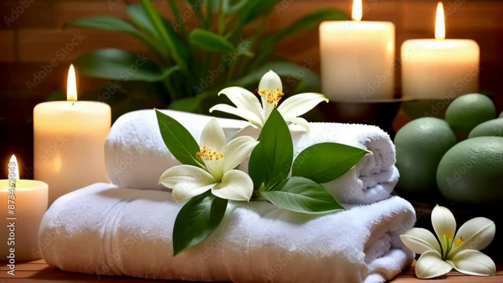 Towel, scented candles, spa treatments. Fire animation. Rest, relaxation Towel, scented candles, spa treatments. Fire animation. Rest, relaxation