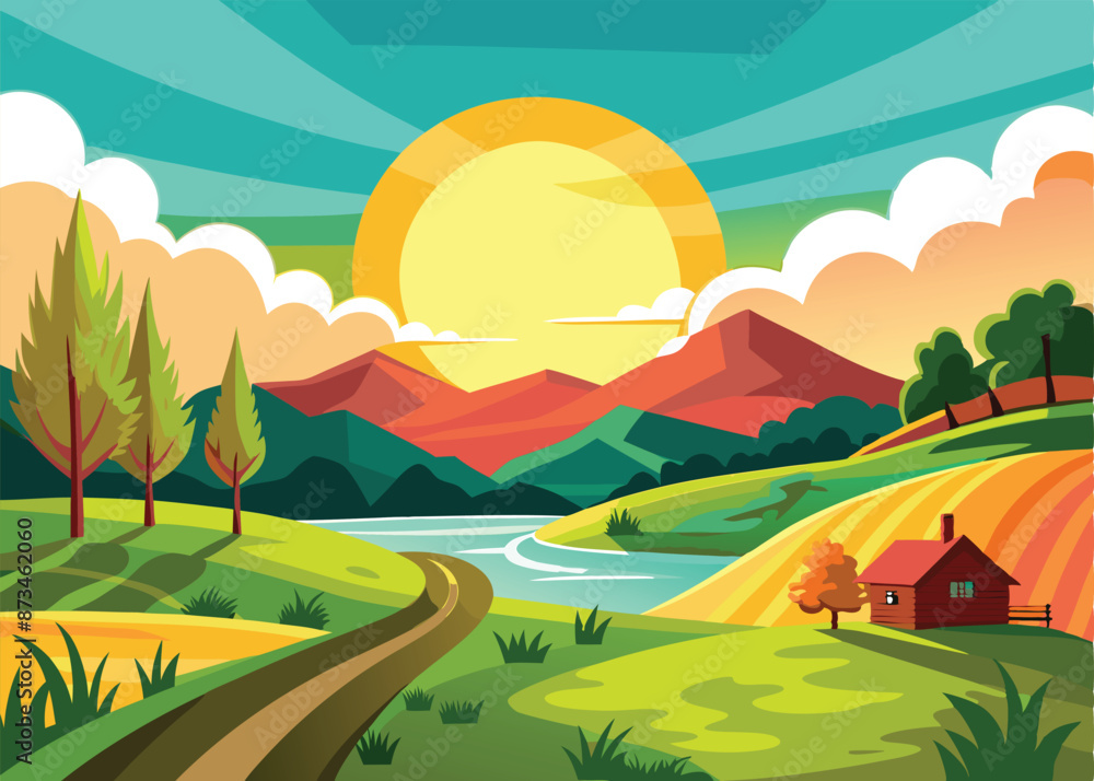 Fototapeta premium Winding road leading through green hills towards mountains and a setting sun