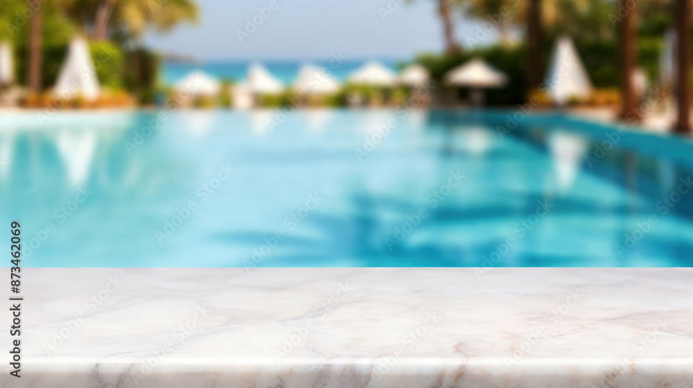 White marble countertop providing space for products with luxurious resort pool in background White marble countertop providing space for products with luxurious resort pool in background