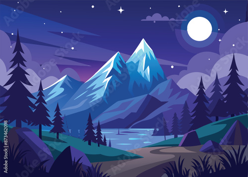 Moon shining over snowy mountains and lake at night illustration