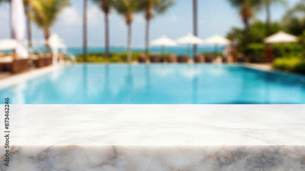 Fototapeta premium White marble countertop with a blurred background of a resort pool and ocean view