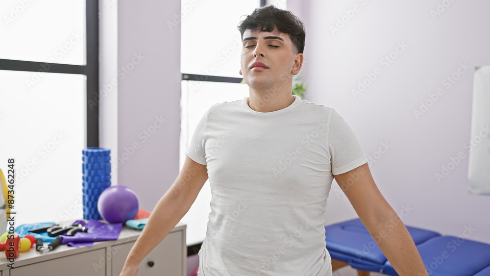 A young man standing in a physical therapy clinic with exercise equipment in the background, radiating a sense of health and recovery. A young man standing in a physical therapy clinic with exercise equipment in the background, radiating a sense of health and recovery.