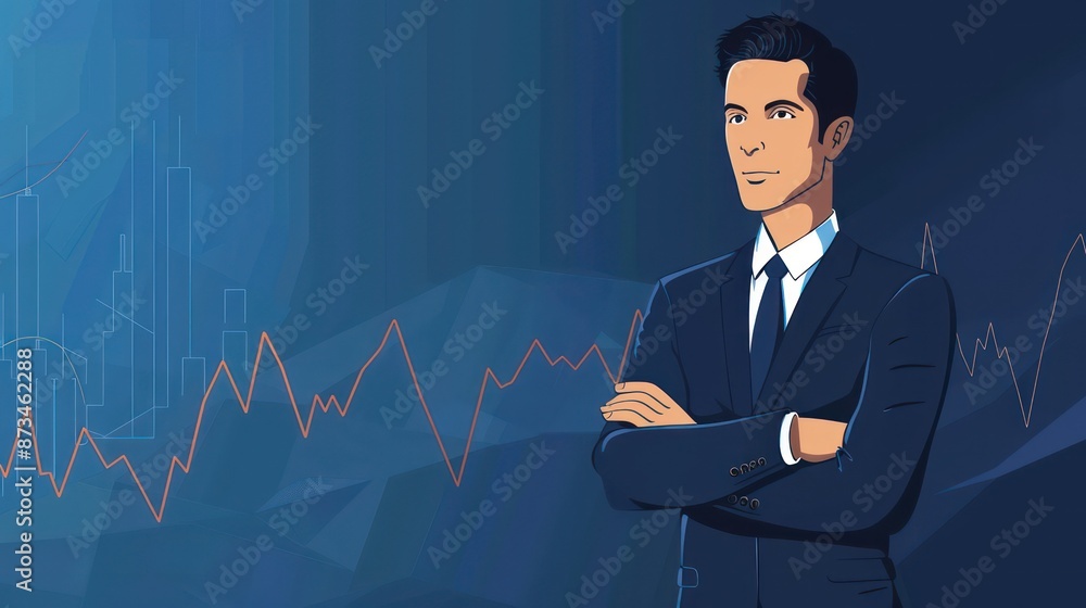 Businessman in suit with graphs in background representing success. Businessman in suit with graphs in background representing success.