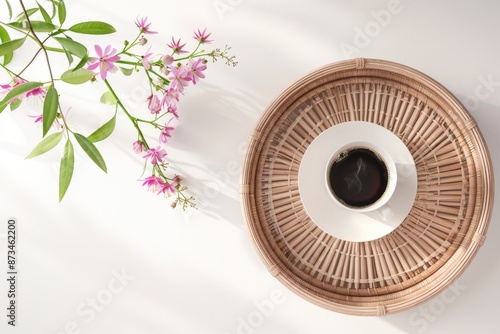 A coffee cup sits on a wicker tray next to a vase of flowers. Concept of relaxation and comfort, as the coffee