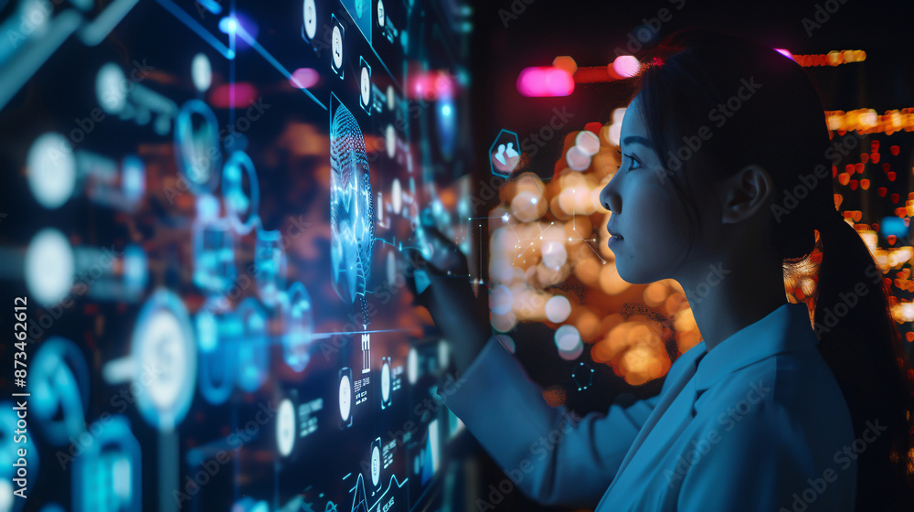 In an office setting, another woman engages with digital networking and AI technology through virtual hologram icons, facilitating global communication. During late hours In an office setting, another woman engages with digital networking and AI technology through virtual hologram icons, facilitating global communication. During late hours