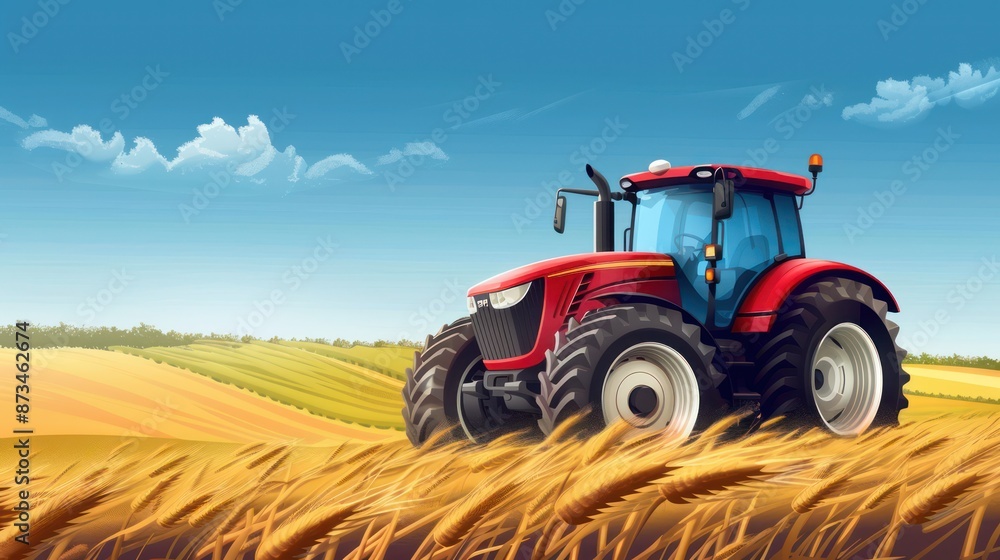 Red tractor in a golden wheat field under a bright blue sky landscape. Red tractor in a golden wheat field under a bright blue sky landscape.