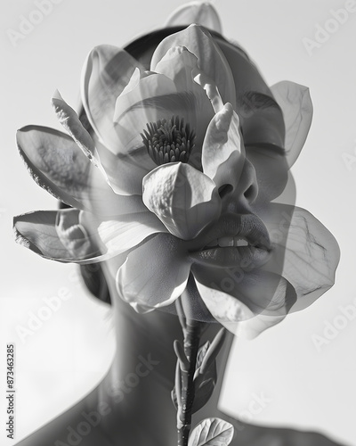 Black And White Portrait of Woman Holding Large Magnolia Flower