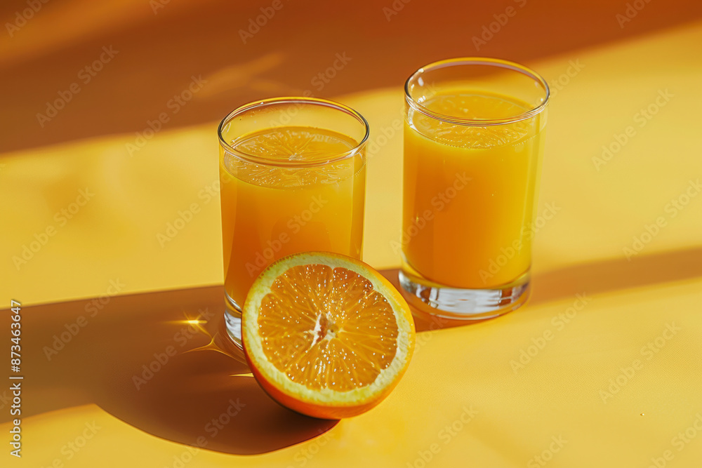 2 glasses of freshly squeezed orange juice in glasses with half of a fresh orange next to it on an orange background with space for text or inscriptions
2 glasses of freshly squeezed orange juice in glasses with half of a fresh orange next to it on an orange background with space for text or inscriptions