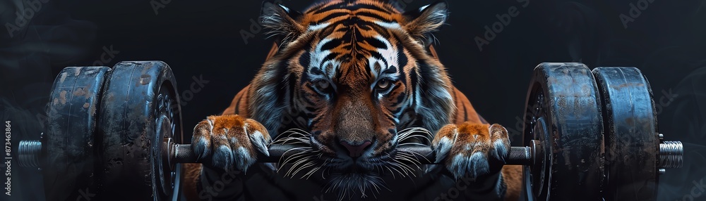 Tiger lifting weights, intense and powerful Tiger lifting weights, intense and powerful